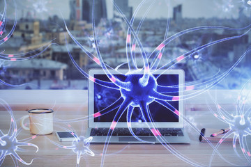 Desktop computer background and neuron drawing. Double exposure. Education concept.