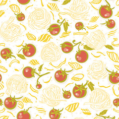 Vector homemade delicious hand drawn noodle pattern on spotted background in pastel tones with tomatoe. Yummy design for restaurant, kitchen, menu card, cookery and food packaging.