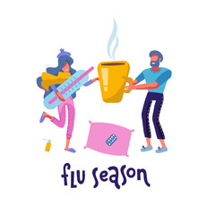 Sick female Person Having flu or Cold. Ill Woman Wrapped in Warm scarf holding big thermometer. Man Giving her Hot Drink in huge cup. Family care concept. Modern Cartoon Flat Illustration