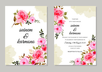 wedding invitation card with pink flower watercolor