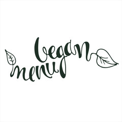 Vegan Menu hand lettering with floral decoration isolated on white background. Logo, label, header