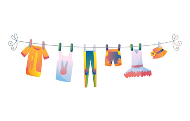 Various items of baby clothes on rope isolated vector illustration on white background. Laundry held by plastic pegs drying
