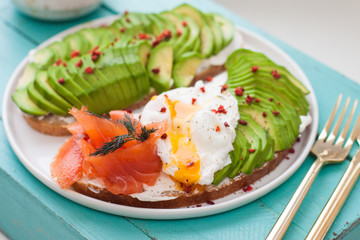 Toast with cream fresh, smoked salmon, poached egg and sliced avocado, and two cups of coffee. 