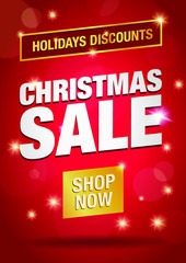 Fototapeta premium Christmas sale flyer. Vector template. holiday discount. Special Offer. Red background banner. Gold details. A4, A5 format. Happy new year.