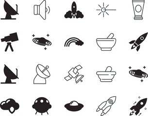 space vector icon set such as: audio, interface, cosmetic, beauty, discover, general purpose, skin, 3d, pictogram, st patrick, high, flash, fiction, cute, jar, optical, storage, power, silver, gray