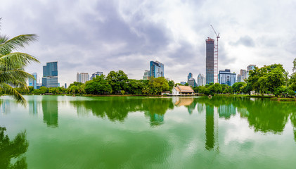 Naklejka premium Bangkok cityscape view from Lumpini park in city center. Panoramic photo of skyscrapers and futuristic buildings from metal and glass. View from the small lake in Lumpini park. Fresh green plants.