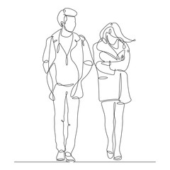 continuous line drawing of young couple, together happy older couple walking 
