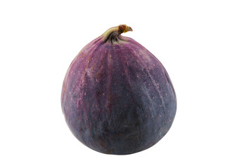 Purple fig isolated on white with copy space for text or images. Soft, sweet fruit, skin is very thin, has many small seeds inside of it. Close-up.