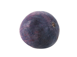 Purple fig isolated on white with copy space for text or images. Soft, sweet fruit, skin is very thin, has many small seeds inside of it. Close-up.