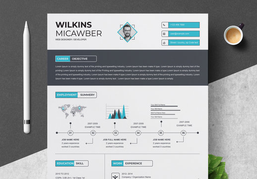 Resume Layout with Dark  Header and Blue Infographic Elements