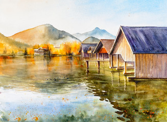 Yacht dock on the lake. Misty morning on the lake Grundlsee Location: resort Grundlsee, Liezen District of Styria, Austria, Alps. Europe.Pictute created with watercolors.