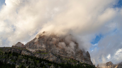 Misty Mountain Tofana in Dolomites Alps After Rain