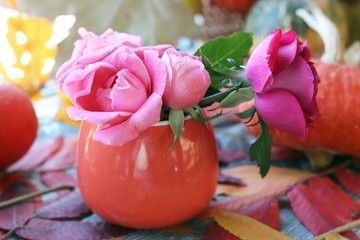 Autumn composition of pumpkins, fresh roses in a cup, leaves on a windowsill, Thanksgiving, greetings