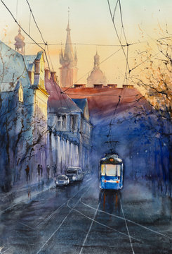 Blue tram at sunset with Mariacki church in background in Krakow, Poland. Picture created with watercolors.