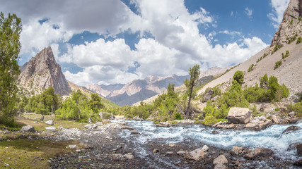 Picturesque mountain landscape. Scenic mountains. Mountain river in valley on sunny summer day....