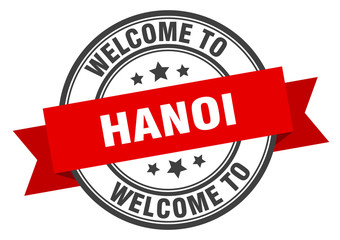 Hanoi stamp. welcome to Hanoi red sign