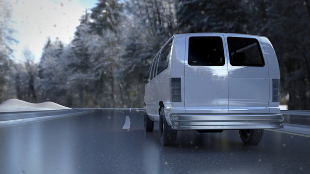 Delivery van driving in snow on a forest road to a city. 3d rendering