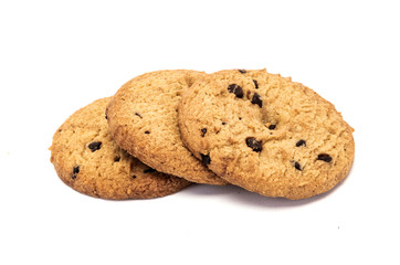 Cookies with chocolate chips on white background.