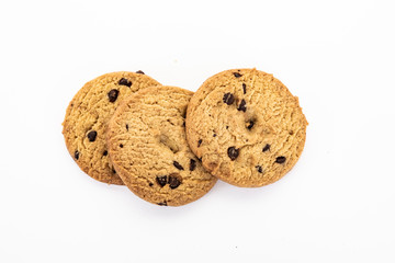 Cookies with chocolate chips on white background.