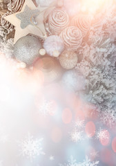 Winter abstract blue background with fir branches in the snow, bokeh, sunlight. Banner blue background.