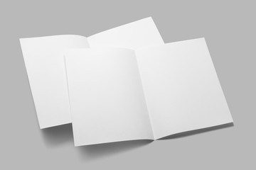 Two half-folded papers (booklet, postcard, flyer or brochure) on gray