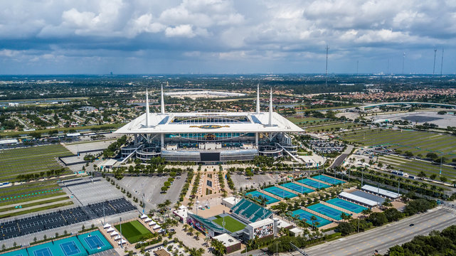 USA, Miami, October 2019: Aerial view of Hard Rock Stadium which will host the 2026 World Cup games