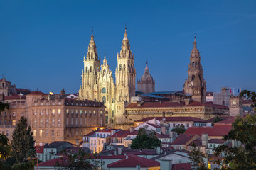 Fototapeta premium Santiago de Compostela, Spain. View of illuminated Cathedral at dusk