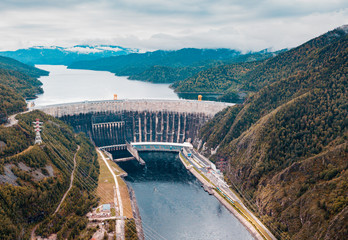 Obraz na płótnie Canvas Sayano Shushenskaya dam and hydroelectric power station from aerial view. Khakasia. The Yenisei River. Krasnoyarsk region, Siberia, Russia