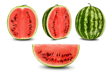 Green, striped watermelon isolated on white with copy space for text, images. Cross-section. Berry...