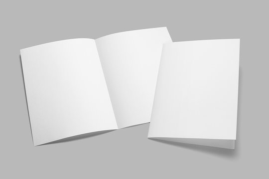 Blank half-folded booklet, postcard, flyer or brochure mockup template on gray background