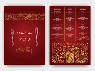 Vector illustration sketch - Greeting cards and holiday design. Vintage Xmas Menu. Christmas holiday invitation. Ornament with snowflakes.