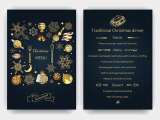 Fototapeta na wymiar Vector illustration sketch - Greeting cards and holiday design. Vintage Xmas Menu. Christmas holiday invitation. Ornament with snowflakes.