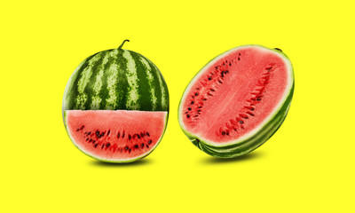 Green, striped watermelon, yellow background with copy space for text, image. Cross-section. Berry with pink flesh, black seeds. Side view. Close-up.