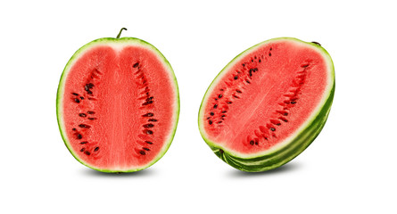 Green, striped watermelon isolated on white with copy space for text, images. Cross-section. Berry with pink flesh, black seeds. Side view. Close-up.