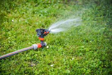 Naklejka premium Lawn sprinkler system and green grass meadow