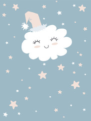 Sweet Dreams. White Fluffy Smiling Cloud on a Light Blue Background. Cute Cloud in a Funny Beige Hat. Simple Nursery Art for Wall Art, Poster, Card, Greeting, Invitation, Baby Boy Party. 