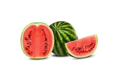 Green, striped watermelon isolated on white with copy space for text, images. Cross-section. Berry with pink flesh, black seeds. Side view. Close-up.