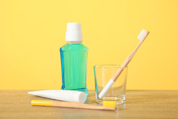 natural bamboo toothbrushes on the table. Oral and dental care.