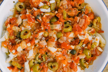 Close-up of Bacalao a la vizcaína, traditional recipe from Mexico