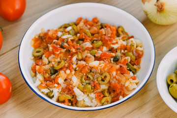 Cod plate, mexican Christmas recipe named Bacalao a la Vizcaina