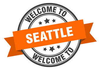 Seattle stamp. welcome to Seattle orange sign