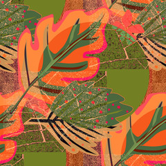 Seamless abstract pattern. Geometric shapes, leaves and polka dots in orange and green. Grunge