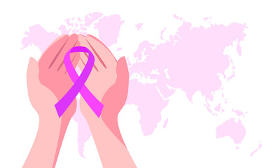 Obraz na płótnie Canvas Pink ribbon in the hands. International Breast Cancer Day. Vector stock illustration. Banner design.