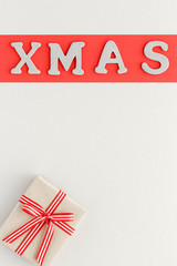 Christmas composition. Gift ribbon top view background with copy space for your text. Flat lay.