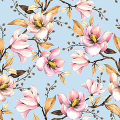 Fototapety  Wzór z magnoliami. Ilustracja kwiatowy. Rysunek odręczny, akwarela. Zaprojektuj tapetę, tkaninę i opakowanie