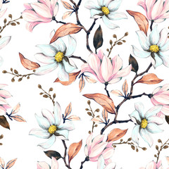 Fototapety  Wzór z magnoliami. Ilustracja kwiatowy na białym tle. Rysunek odręczny, akwarela. Zaprojektuj tapetę, tkaninę i opakowanie