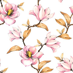 Seamless pattern with magnolias. Floral illustration on a white background. Hand drawing, watercolor.  Design wallpaper, fabric and packaging