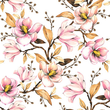 Seamless pattern with magnolias. Floral illustration . Hand drawing, watercolor.  Design wallpaper, fabric and packaging