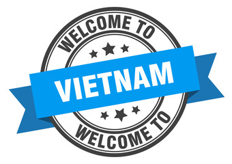 Vietnam stamp. welcome to Vietnam blue sign