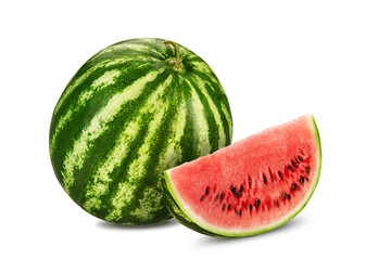 Green, striped watermelon with slice isolated on white, copy space for text, images. Cross-section. Berry with pink flesh, black seeds. Close-up.
